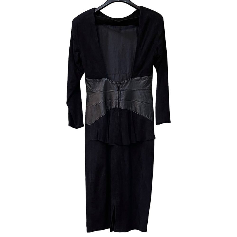 VAKKO Vintage Leather Suede Cutout Back Peplum Waist Dress 8 - Picture 4 of 8